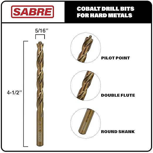 5/16 Inch Cobalt Drill Bit Set - 5pcs M35 Metal Bits With Pilot Point Tip for Steel, Hard Metal, Cast Iron (5/16" x 4-1/2")
