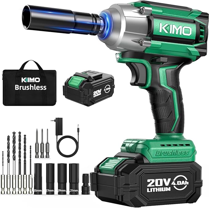 KIMO Impact Wrench 1/2 Cordless, 3000RPM, 9-Piece Drill & Driver Set, 4 Sockets, 406ft-lbs (550N.m) Impact Drill for Car Tires, Safety Lock, 4000mAh Battery, Variable Modes Power Smart Impact Wrench