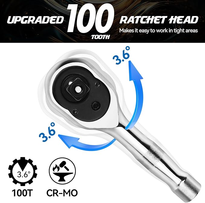 DISEN 3-Piece Stubby Ratchet Set ??1/4", 3/8", 1/2" Drive | 100-Tooth Ratchet with EVA Storage Tray | Quick Release Button | Non-Slip Grip | Reversible 3.6째 Design for Tight Spaces, Chrome Finish