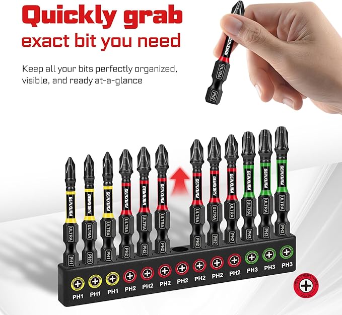 Impact #1#2#3 Phillipes Screwdriver Bits Set, 26pcs 1??2??(PH1/PH2/PH3) Magnetic S2 Steel Driver Bits Set and 1pc Impact Bit Holder with Color Coded Base