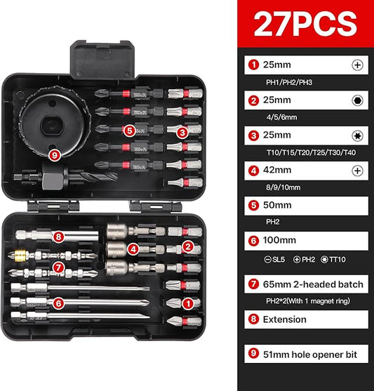 HUHAO Magnetic Nut Driver Set 27PCS, PH2 Impact Driver Bit Set, Deep Nut Drivers for Impact Drill,Extension Rod, Hole Opener, Nut Driver with Case