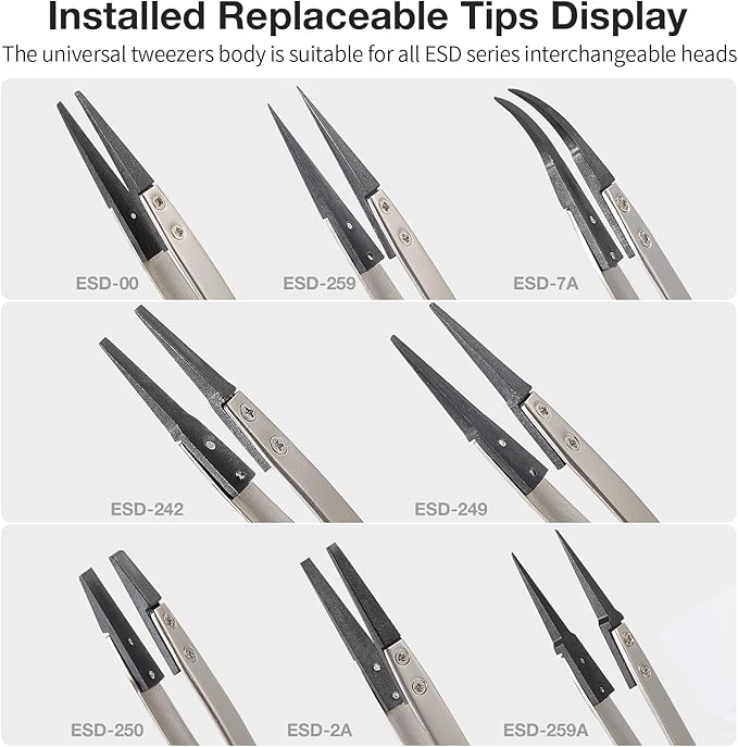 FEITA Anti Static Precision Tweezers ESD-Series Replacement Pointed, Curved & Flat Head, ESD Stainless Steel Twizzers Replaceable Carbon Fiber Plastic Tips With Locking Screws (8Types Each 1Pair)