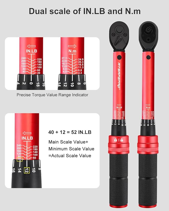 ATsafepro 3/8 torque wrench 20-240 in.lb, Inch Pound Torque Wrench Set with Extension & 3/8" to 1/4" Adapter - 짹3% Accuracy, Dual-Direction 72-Tooth for Bike, Motorcycle, Car & Engine Maintenance