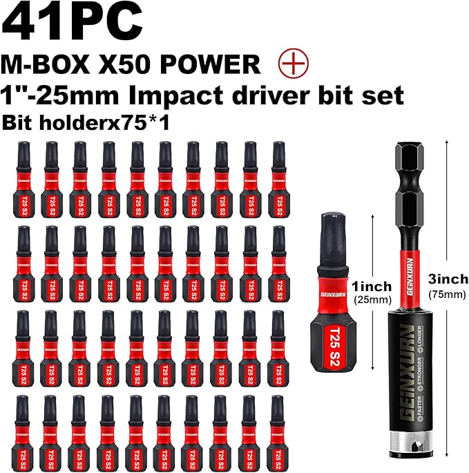 40 Pieces 1 In. T25 Impact Tough Magnetic Screwdriver Bit Set, #25 Torx Head Insert Bits, S2 Alloy Steel Star Bits with 1 Pc Impact Bit Holder and Storage M-Box