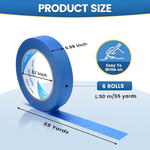 Blue Painters Tape, 6 Rolls Paint Tape 1 Inch Wide (0.98 in. x 55 Yds) Blue Masking Tape Protects Surfaces, Painter's Tape for Indoor and Outdoor Use, Easy Removal (6PCS)