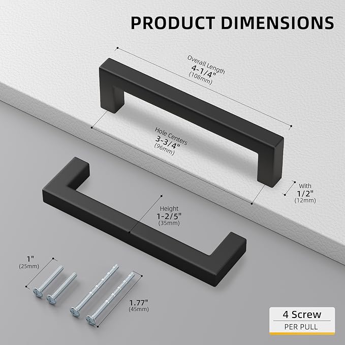 Goldenwarm 200 Pack 3-3/4 Inch Black Cabinet Handles Matte Black Drawer Pulls Stainless Steel Cabinets Hardware Square Bar Modern for Kitchen Bathroom Cupboard