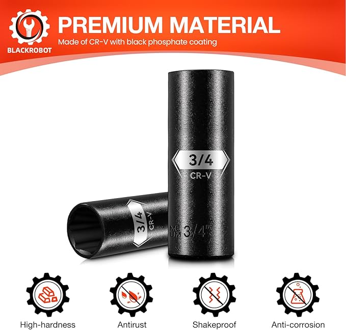 1/2 Inch Drive 6-Point Deep Socket, 3/4 Inch Deep Impact Socket, CR-V Steel