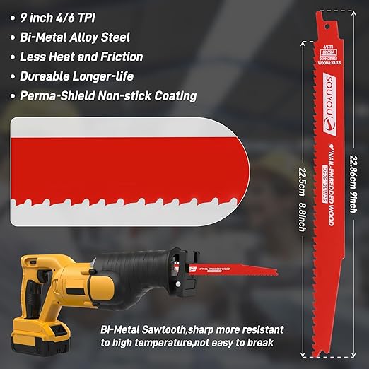 25 Pack 9 Inch 4/6 Tpi Reciprocating Saw Blades Bi-Metal Steel Demon with Perma-Shield Coating Stud and Reciprocating Saw Blades for Cutting Embedded Wood Metals PVC Pallets etc.