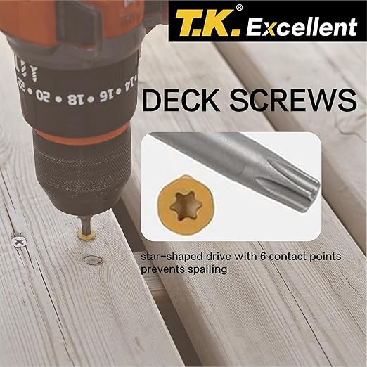 T.K.Excellent Deck Screws 2 Inch Wood Screws #8 x 2, 630 Pcs, Rust Resistant Structural Screw Fence Screw Torx Drive Screws, Two T20 Bits, Brilliant Yellow Ruspert Coating Rust Proof