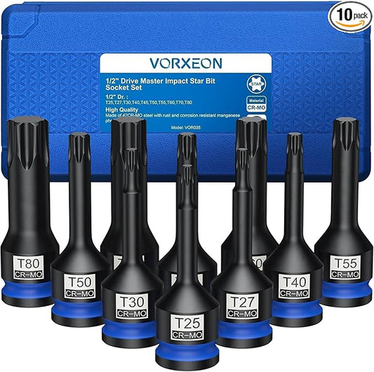 10 PCS 1/2" Drive Impact Star Bit Socket Set 42CRMO With Storage Case, Impact Torx Socket T25 T27 T30 T40 T45 T50 T55 T60 T70 T80