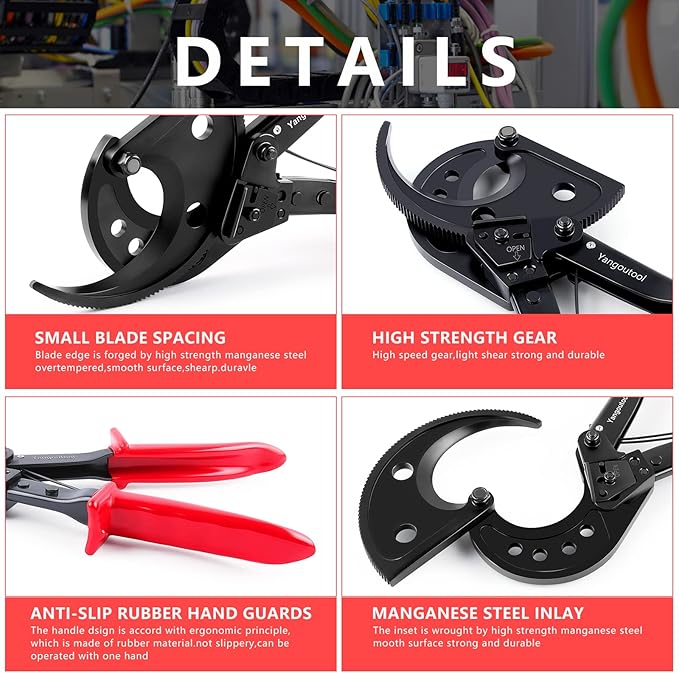 Yangoutool Ratcheting Cable Cutters up to 400mm짼 /過22.5mm/過0.89 inches Heavy Duty Aluminum Copper Ratchet Wire Cutter for Cutting Electrical Wire