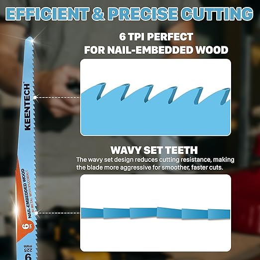 KEENTECH 9 Inch Bi-Metal Reciprocating Saw Blade 10-Pack for Fast Wood Demolition, 6 TPI, Fits Milwaukee Sawzall and Other Reciprocating Saws