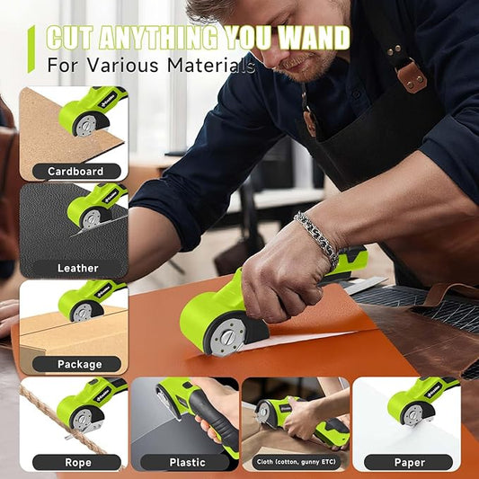 Cordless Electric Scissors竊똂ardboard Cutter Heavy Duty Scissor with 3 Blade, Safety Lock & Extra Blade竊똓otary Cutter for Cardboard Fabric Plastic Leather Green