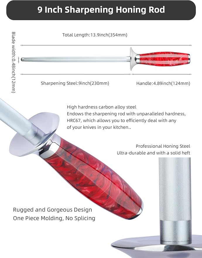 Honing Rod, Sharpening Steel for Kitchen Knives ??9" Honing Steel ??Resin Handle ??XUAN Series (Rose Red)