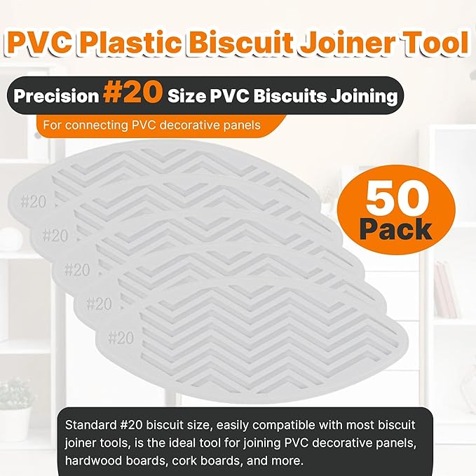 PVC Plastic Biscuit Joiner Tool #20 ??50 Pack White Joiner Biscuits for Connecting PVC Decorative Panels, Woodworking, Biscuit Connector for Furniture Frames, Door Frames, Countertop Joiner