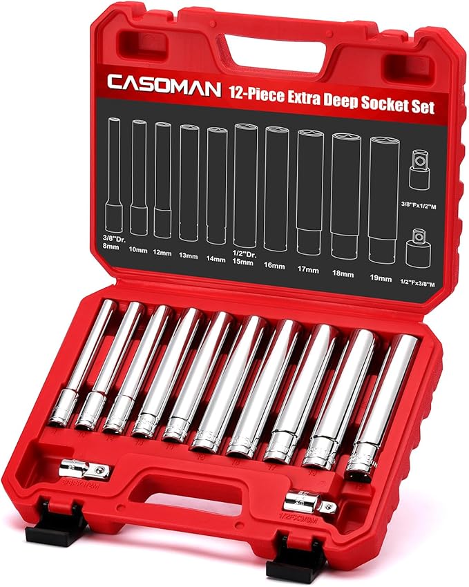 CASOMAN 12 PCS 3/8-Inch & 1/2-Inch Drive Extra Deep Socket Set with Storage Case, 6 Point, 8mm to 19mm, Metric, CR-V, Include Adapters