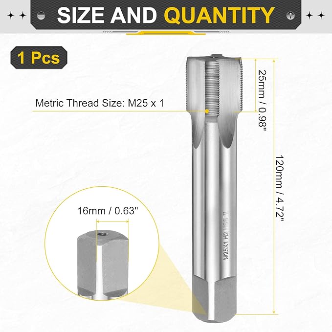 uxcell Hand Plug Tap M25 x 1 H2 Metric Thread Plug Style Taps Straight Flute Screw Tapping Threading Tool High Speed Steel HSS6542