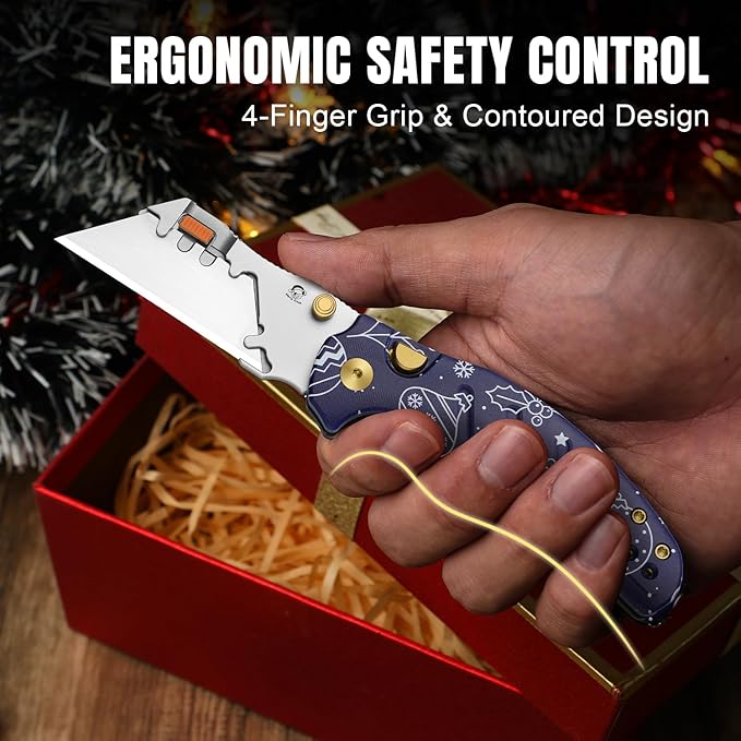 Kizer C01C 2.9(Tool-Free Version) Utility Knife, Quick Change Box Cutter EDC Pocket Knife with 5PCS Razor Blades, Button Liner Lock Blue G10 Handle Folding Knives with Integrated Tools, V3488.29JMC2