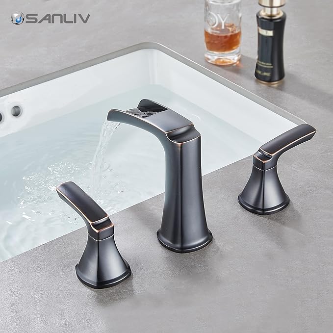 Oil Rubbed Bronze Waterfall Bathroom Faucet, Sanliv 3-Piece Widespread Bathroom Sink Faucets, 2-Handle Bronze Vanity Faucet for 3-Hole Sinks 4-8 Inch with Pop-Up Drain (ORB)
