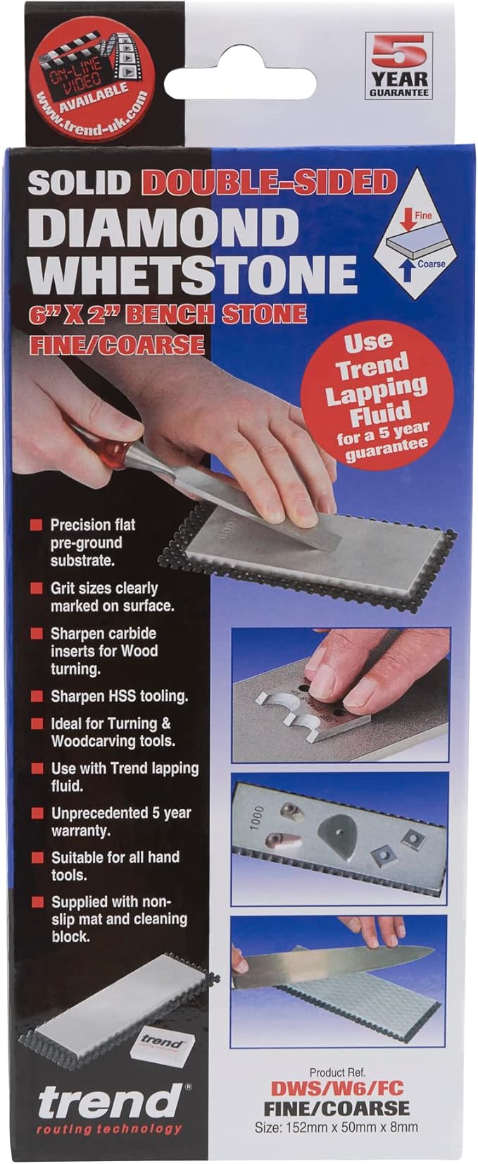 Trend Diamond Sharpening Bench Stone, 6 x 2 Inch, Double Sided (300/1000 Grit) Bench Stone with Cleaning Block & Non-Slip Mat, DWS/W6/FC