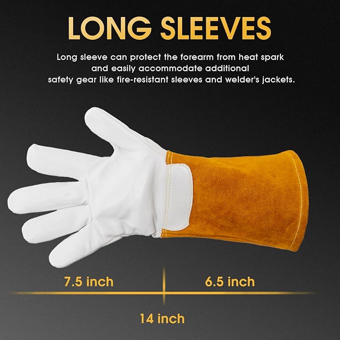 TOOLIOM Premium Goatskin TIG Welding Gloves Cuff Cowhide Split Leather with Soft Lining High-Dexterity (14-inch, Extra Large)