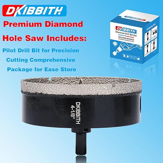 DKIBBITH 4-1/8" Diamond Hole-Saw Bits with Pilot Drill Bit - 4-1/8" Diamond Tipped Tile Hole Saws with Guiding Bit for Porcelain Tile Ceramic Pottery Granite Stone Glass Bottles 105mm.