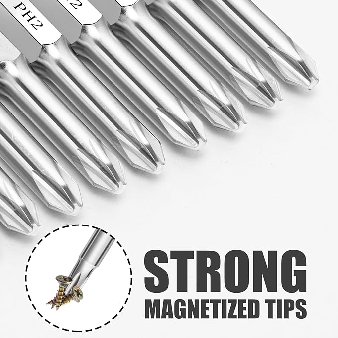 Phillips #2 Bit Set(10-Pack 2 Inch), 1/4 Inch Hex Shank S2 Steel Magnetic PH2 Screwdriver Power Bits