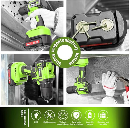 Brushless Cordless Drill Set,12V Power Drill Set with Battery and Charger, Electric Driver/Drill Bits, 3/8'' Keyless Chuck,20+1 Torque Setting, 300 inch-lbs, with LED Electric Drill Set