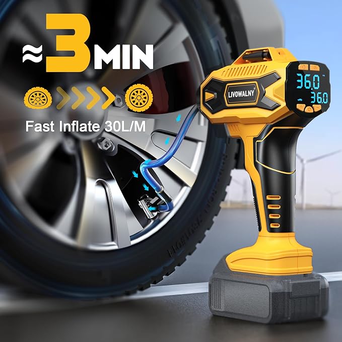 Tire Inflator Air Compressor Compatible with Dewalt 20V Battery, LIVOWALNY 160 PSI Cordless Portable Electric Air Pump 2025 Bigger LCD Digital Pressure Gauge for Car, Bike, Sport Ball (No Battery)