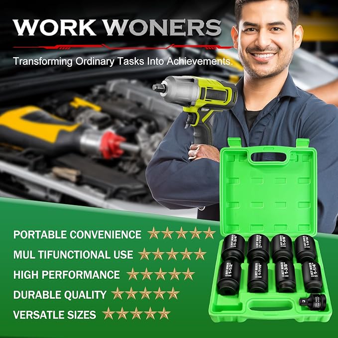 1/2" Drive Impact Socket Set, 9-Piece Standard SAE Deep Axle Nut Sockets, 6-Point, Cr-Mo,1-1/4竊?-3/8竊?-7/16竊?-1/2竊?-9/16竊?-5/8竊?-11/16竊?-3/4, Impact Socket Adapter (3/4" x 1/2")