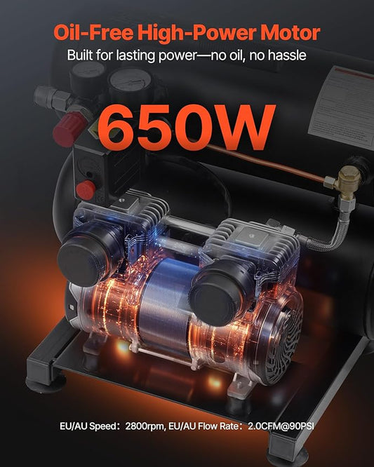 VEVOR Air Compressor, 4.6 Gallon Steel Tank, 1HP 2.2CFM@90 PSI Oil Free Air Compressor & Max 120PSI Pressure, 80dB Ultra Quiet Portable Compressor for Auto Repair, Tire Inflation, Spray Painting, 120V