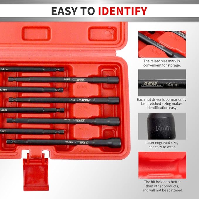 8PCS Magnetic Nut Driver Set, 6 Inches Long Nut Drivers, Nut Drivers for Impact Drill, Long Shank Nut Driver Bits, Nut Setter | 1/4"Hex Shank | Metric | Cr-V Steel