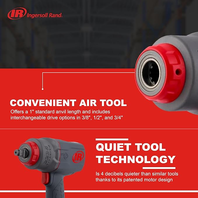 Ingersoll Rand 2236QTIMAX DXS2 1/2" Air Impact Wrench, Quiet, 1,500 ft-lb Torque, Titanium Hammer Case, Friction Ring Retainer, Pistol, Interchangeable Anvil, Multifunctional Tool (Pack of 5)