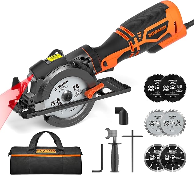 DOVAMAN Circular Saw, 5.8A 4-1/2" Circular Saw w/Laser, Metal Auxiliary Handle, 6 Blades (4½", 4¾"), Cutting Depth 1-11/16" (90°), 1-3/8" (45°), Ideal for Wood, Soft Metal, Plastic, Tile - MCS01A