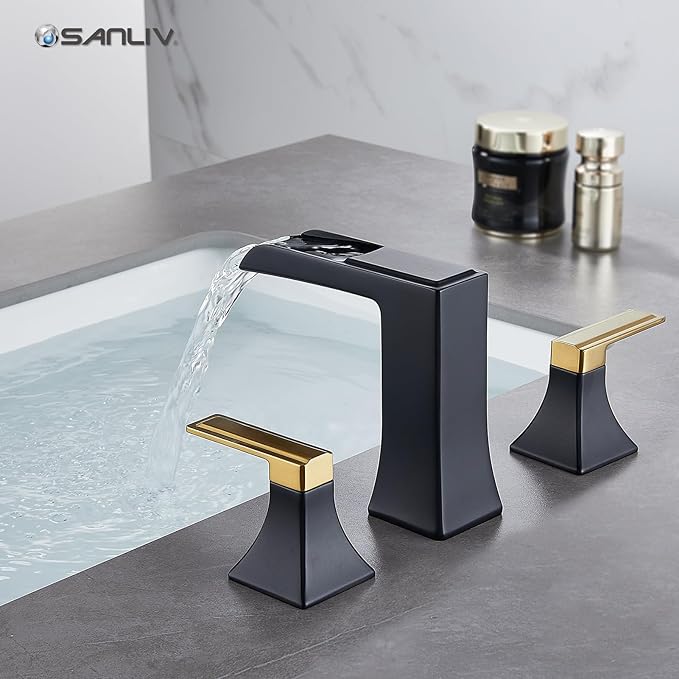 Two-Tone Black and Gold Bathroom Faucet, Sanliv 2-Handle Widespread Bathroom Faucet for 3-Hole Sinks 4-8 Inch, 3-Piece Waterfall Vanity Faucets with Pop-Up Drain, Black and Gold