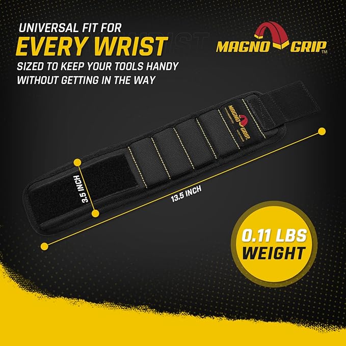 MagnoGrip Magnetic Wristband for Holding Screws, Nails, Drill Bits, Super Strong Magnets, Adjustable Strap, Essential Tool for DIYers, Handyman, Mechanics, Construction & Home Improvement - Black