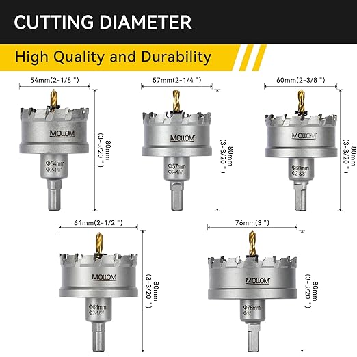 Mollom 5Pcs TCT Carbide Tipped Hole Saw Kit - 54-76mm Hard Metal Cutters with 5 Extra Pilot Drill Bits and 3 Hex Keys for Stainless Steel, Iron, Aluminum, Alloy, Metal