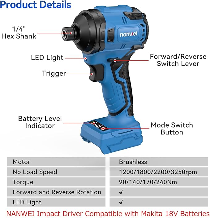 NANWEI Brushless Impact Driver竊똂ompatible with Makita 18V Battery竊?100 In-lbs (240N쨌m) Max Torque, 1/4" Hex Shank, and Bit Set ??Ideal for Heavy-Duty Home Improvement and DIY Projects (Tool Only)