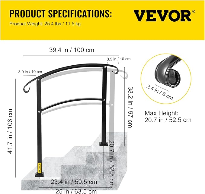 VEVOR Outdoor Steps Handrail, Black Arch#1, Adjustable Metal Staircase Railing, Thickened Porch & Deck Railing