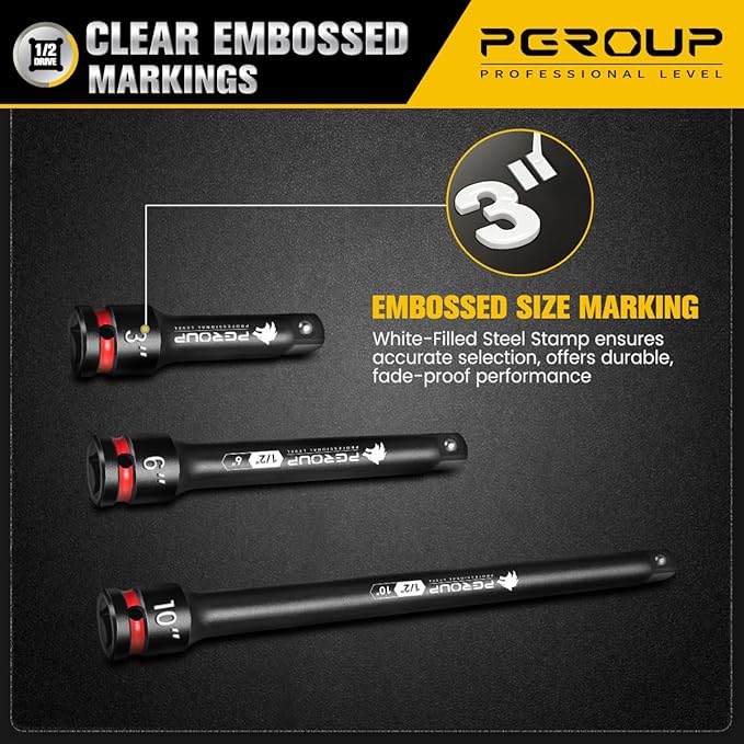 1/2-Inch Drive Impact Extension Bar Set | 3 Piece Socket Extensions 3" 6" & 10" Long | Premium CR-MO Steel with Deep Embossed and Painted Marking