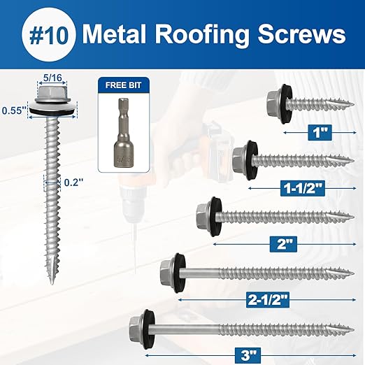 Metal Roofing Screws #10×2Inch, 500-PCS, Hex Head Rustpert Coating Sheet Metal to Wood Siding Screw with EPDM Rubber Washer, Sharp Point, Hex Socket Included