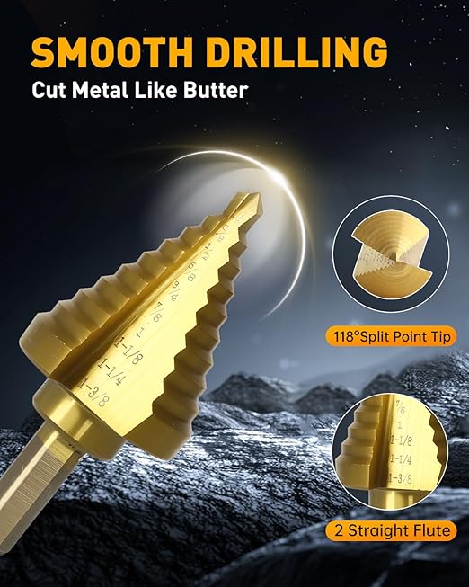 COMOWARE Step Drill Bit for Metal, Titanium Coated, Double Cutting Blades, High Speed Steel, Short Length Drill Bit, Total 10 Sizes from 1/4??to 1-3/8", for Steel Sheets Aluminum Copper Plastic Wood