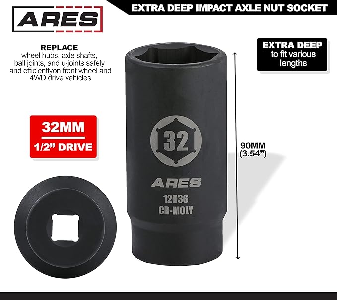 ARES 12036-32MM Axle Nut Socket - 6 Point Socket - Extra Deep 1/2-Inch Drive Impact Socket for Easy Removal of Axle Shaft Nuts