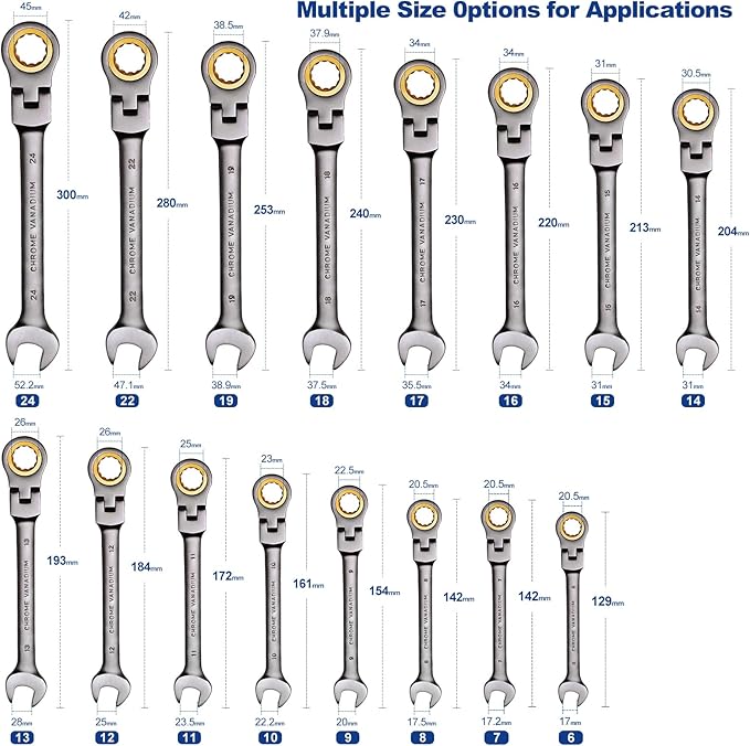 Ratchet Wrench Set, 16-Piece Flex-Head Ratcheting Combination Wrench Set, Metric Wrench Set 6??4 mm, 72-Teeth Cr-V, Nickel-Plated with Wrench Organizer Roll Bag