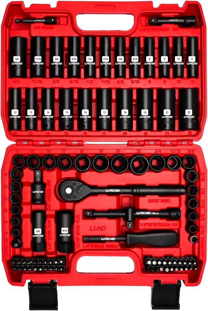 LLNDEI 3/8?쒭rive Impact Socket Set,Standard SAE(5/16 to 3/4-Inch) Metric Size(8-22mm), 95 Piece, CR-V Steel Deep&Shallow Kit, Adapters, Ratchet Handle, Screwdriver Bit Set, Spark Plug Socket, 6 Point