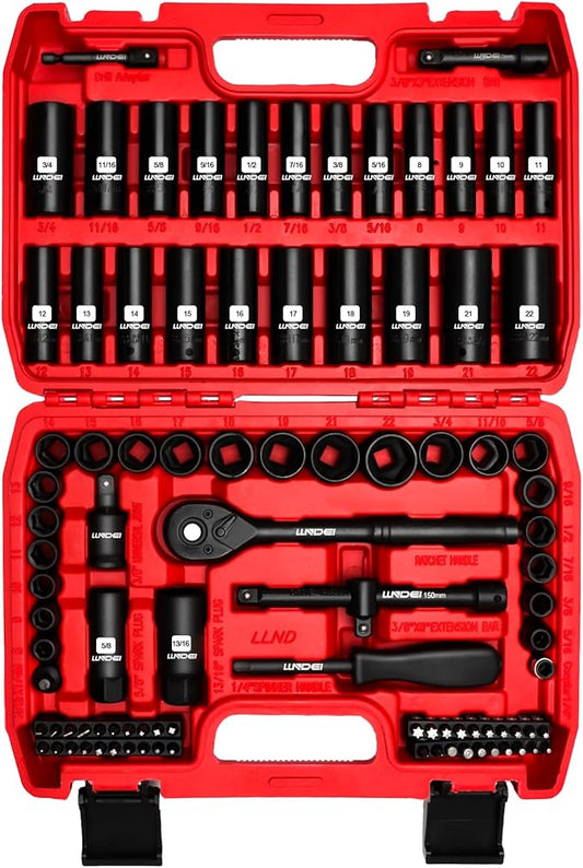 LLNDEI 3/8?쒭rive Impact Socket Set,Standard SAE(5/16 to 3/4-Inch) Metric Size(8-22mm), 95 Piece, CR-V Steel Deep&Shallow Kit, Adapters, Ratchet Handle, Screwdriver Bit Set, Spark Plug Socket, 6 Point