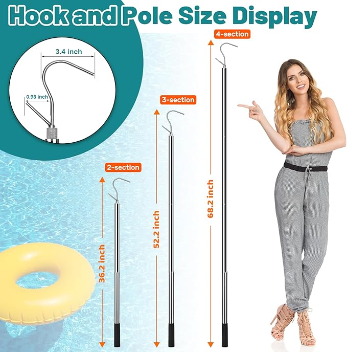 65 Inch Adjustable Pole with Net and Hook Multi-functional Pole Net Hook Tool Pool Skimmer Pole Net and Sturdy Truck Cargo Retrieval Pole Combo for Pool, Pond, Hanging and Removing Heavy Items