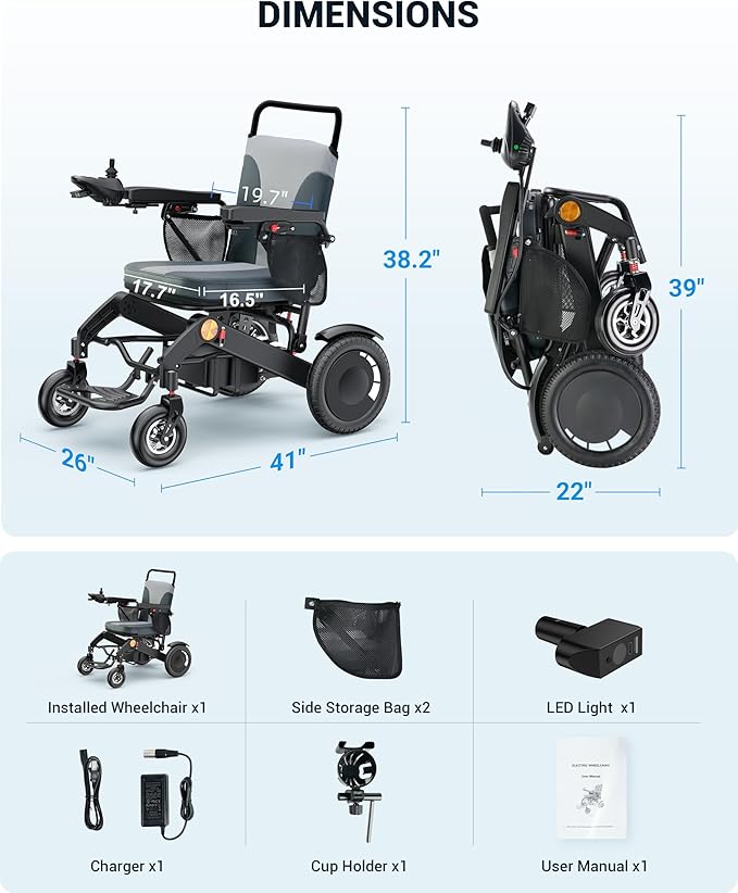 Goldseason 30 Mi Foldable Electric Wheelchairs for Adults & Seniors, Lightweight All-Terrain Travel Power Wheelchair with Leather Seat, Support 400 lbs, 500W Portable Motorized Wheelchair, Silver