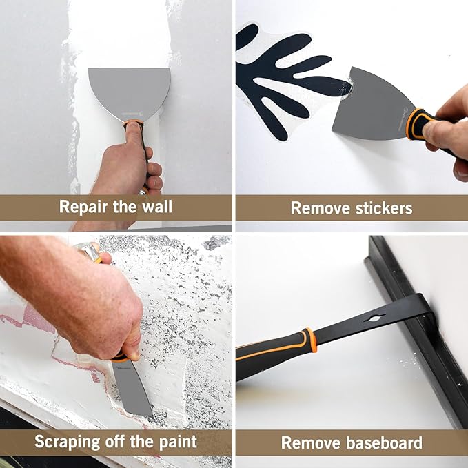 ROLLINGDOG 5 PC Drywall Repair Knife Set - Include Putty Knife Needed for Drywall Work (1.5" Stiff Blade Scraper, 1.5" Pry Bar, 14-1 Mutil Painter's tool,3" and 6" Flexible Putty Knife)
