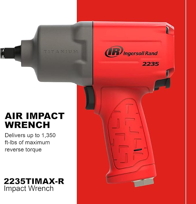 Ingersoll Rand 2235TiMAX-R 1/2" Drive Air Impact Wrench, Lightweight 4.6 lb Design, Powerful Torque Output up to 1,350 ft-lbs, Titanium Hammer Case, Max Control, Red